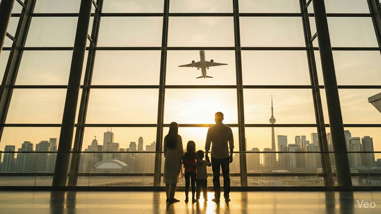 Joyful family walking through airport after receiving permanent residency