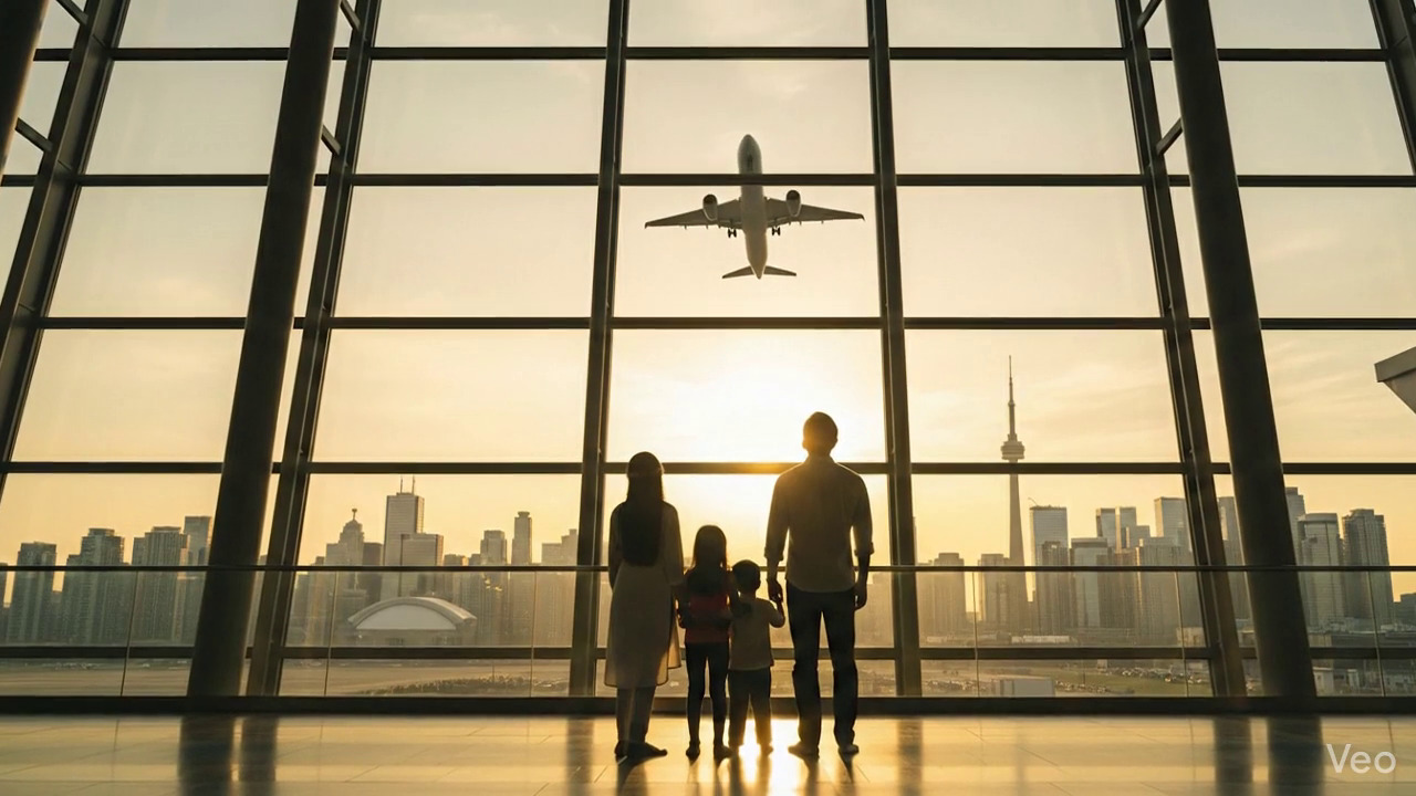 Immigrant family with travel documents at departure gate