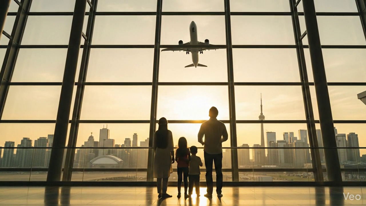 Family of four at airport terminal excited for new beginning overseas