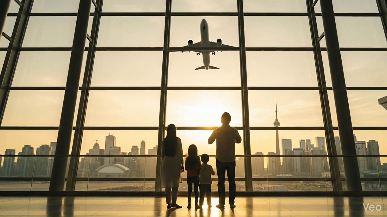 Parents celebrating with children after visa grant at airport