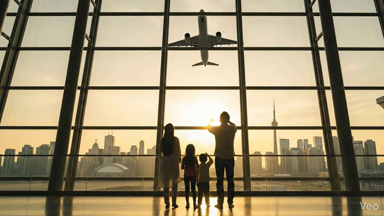 Joyful family walking through airport after receiving permanent residency