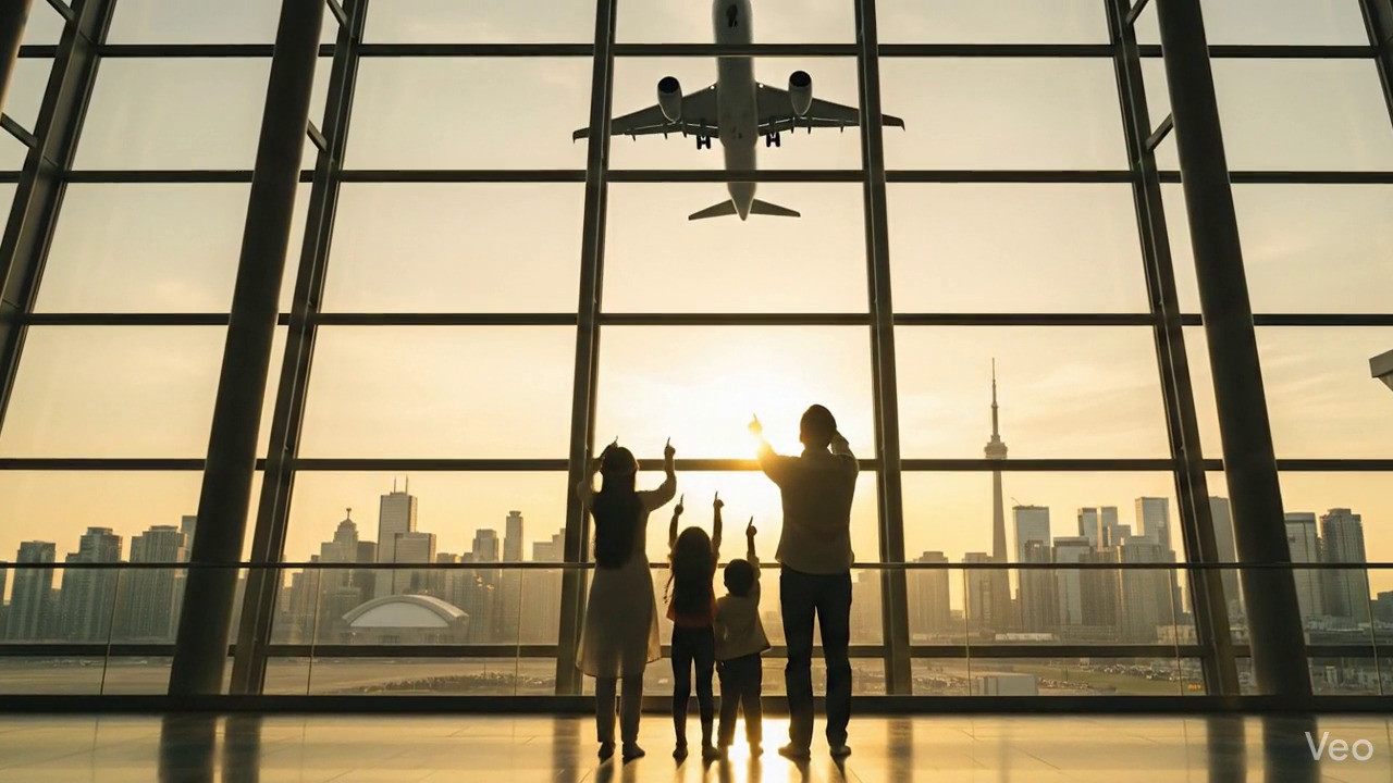 Happy immigrant family at airport with luggage ready for new life abroad