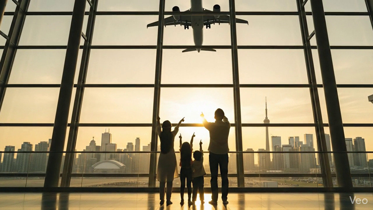 Successful immigration journey - family at airport with boarding passes