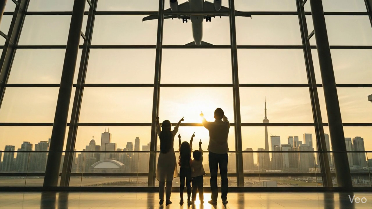 Happy immigrant family at airport with luggage ready for new life abroad