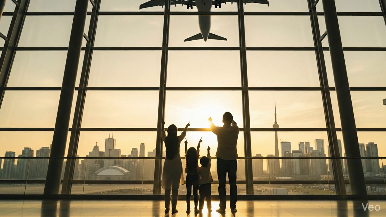 Family of four at airport terminal excited for new beginning overseas