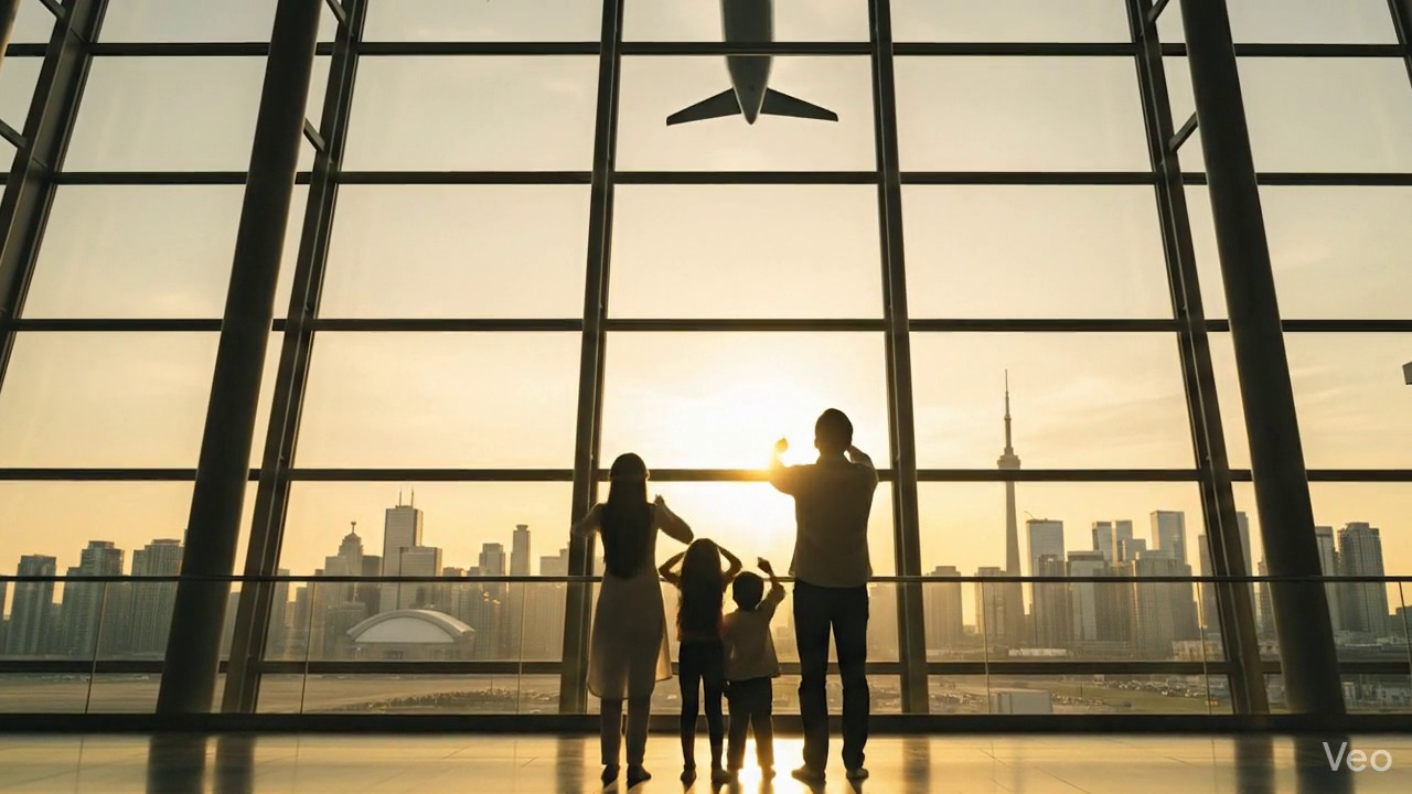 Happy immigrant family at airport with luggage ready for new life abroad
