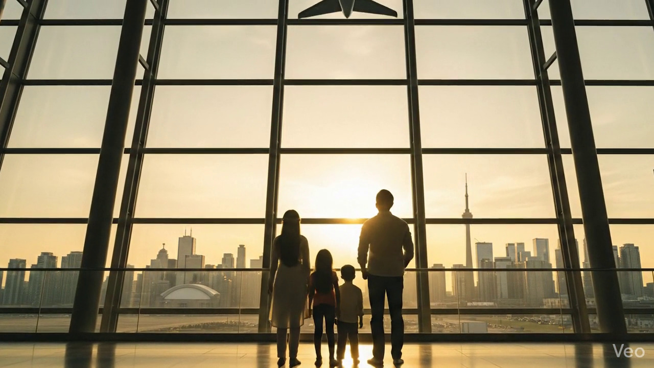 Happy immigrant family at airport with luggage ready for new life abroad
