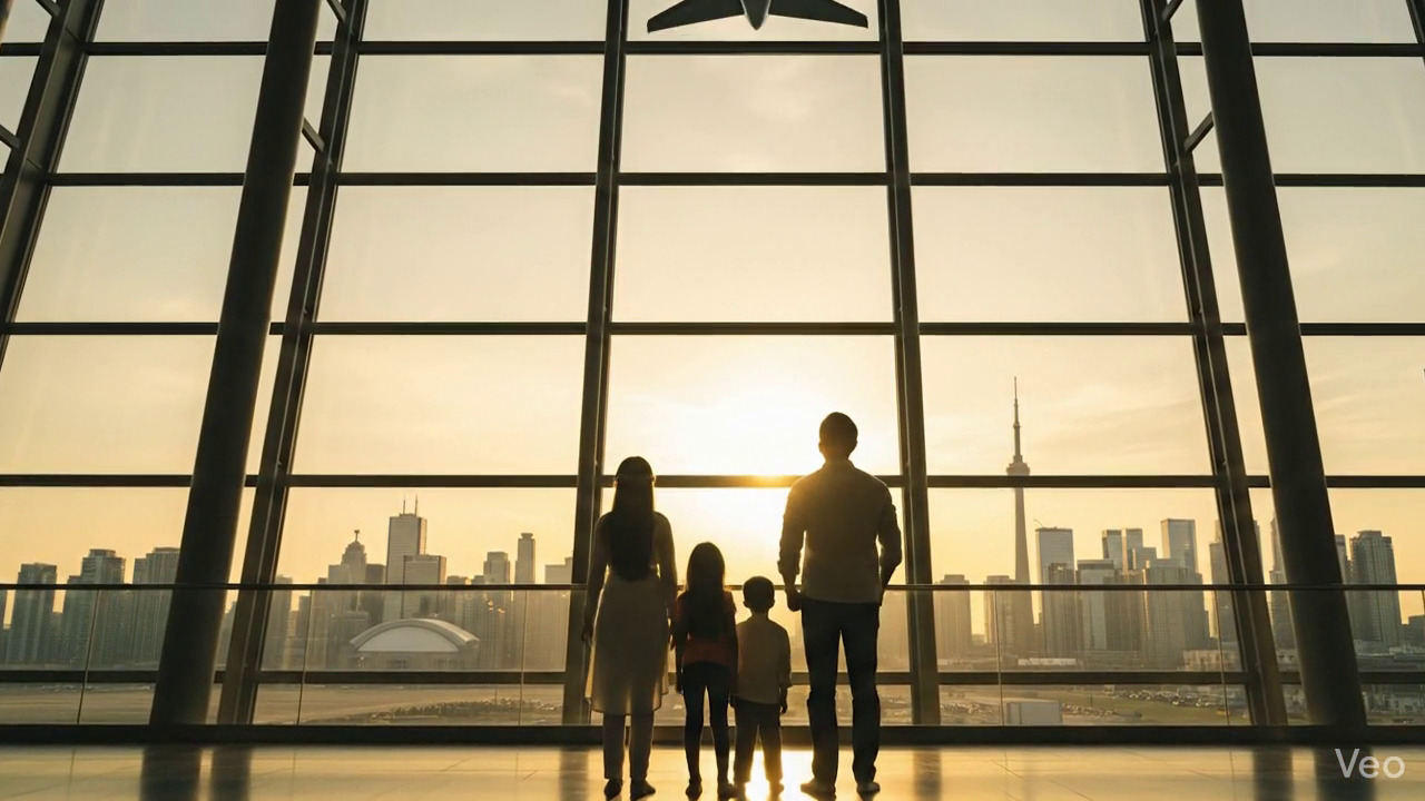 Excited family celebrating successful visa approval at airport terminal
