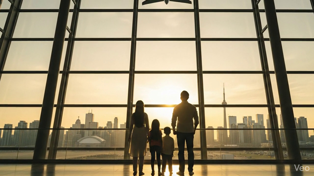 Parents and children beginning their immigration journey at international airport
