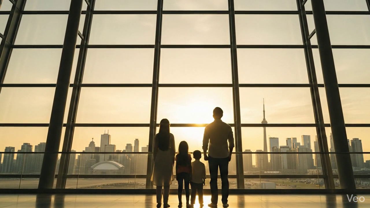 Immigrant family with travel documents at departure gate